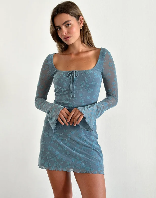 Cotton mini dresses for a comfortable everyday option Tatyana Mini Dress in Grunge Floral Blue Grey