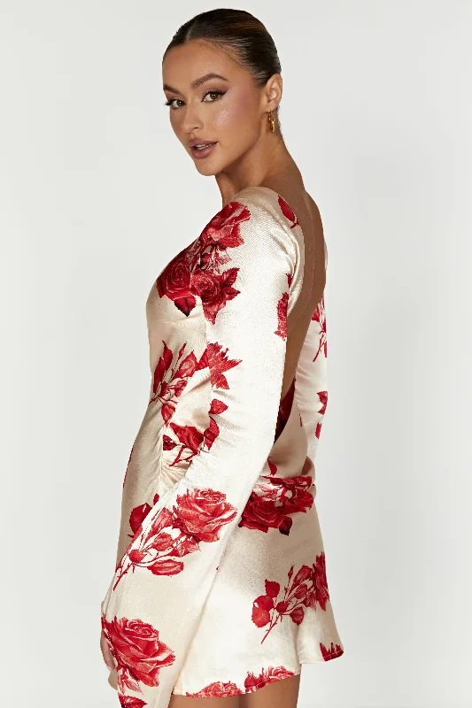 Polyester mini dresses for easy care Davina Satin Long Sleeve Mini Dress - Rose Print