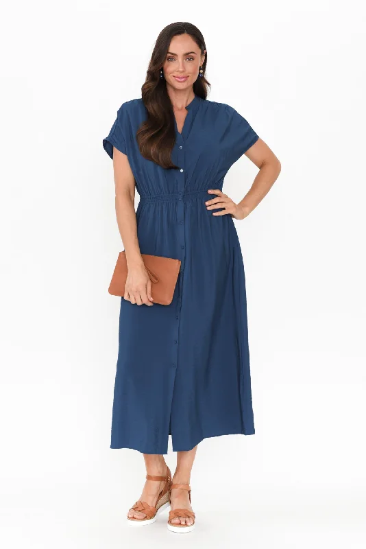 Midi dresses with puff sleeves for a vintage - inspired look Simone Blue Button Dress