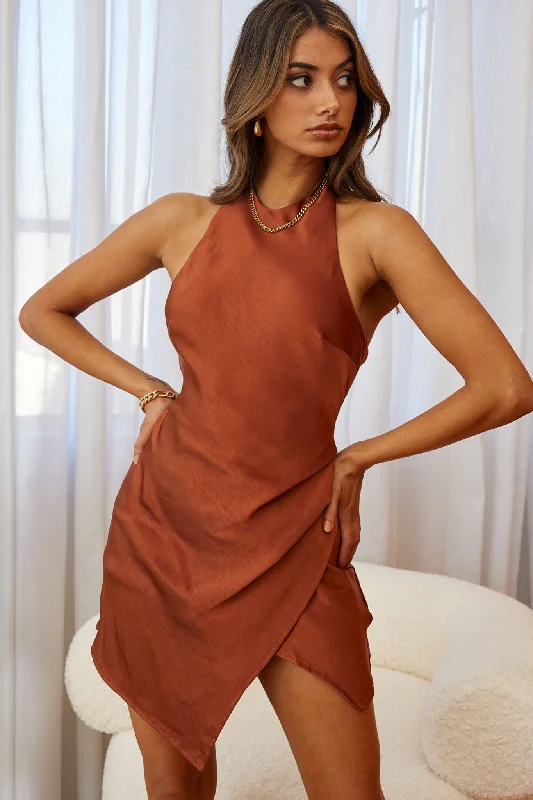 Mini dresses with wrap - around styles Sonoma Halterneck Faux Wrap Twist Back Mini Dress Chocolate