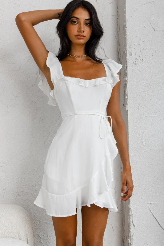 Mini dresses with tiered skirts for added volume Thinkin' Bout You Ruffle Trim Waist-Tie Dress White