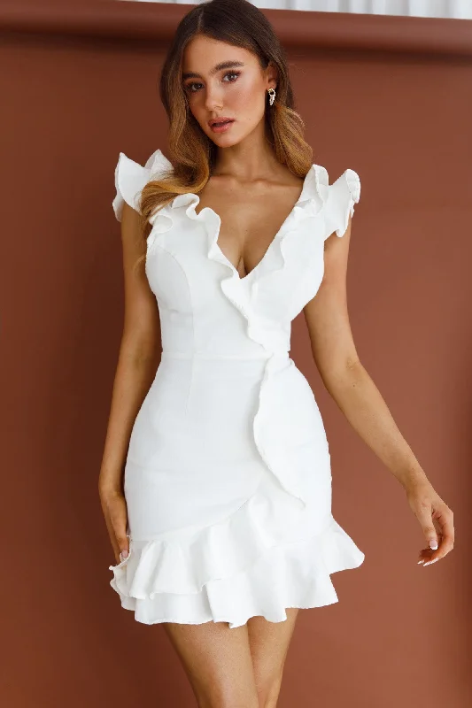 Mini dresses with high - low hems for a modern twist Jojo Ruffle Shoulder Low Back Dress White