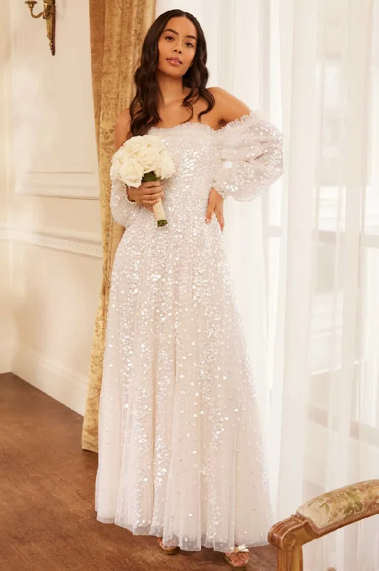 Midi dresses with sheer panels for a touch of allure Confetti Gloss Off-Shoulder Gown