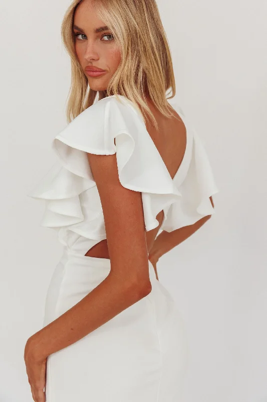 Cotton mini dresses for a comfortable everyday option Cupid's Bow V-Neckline Ruffle Shoulder Bodycon Dress White