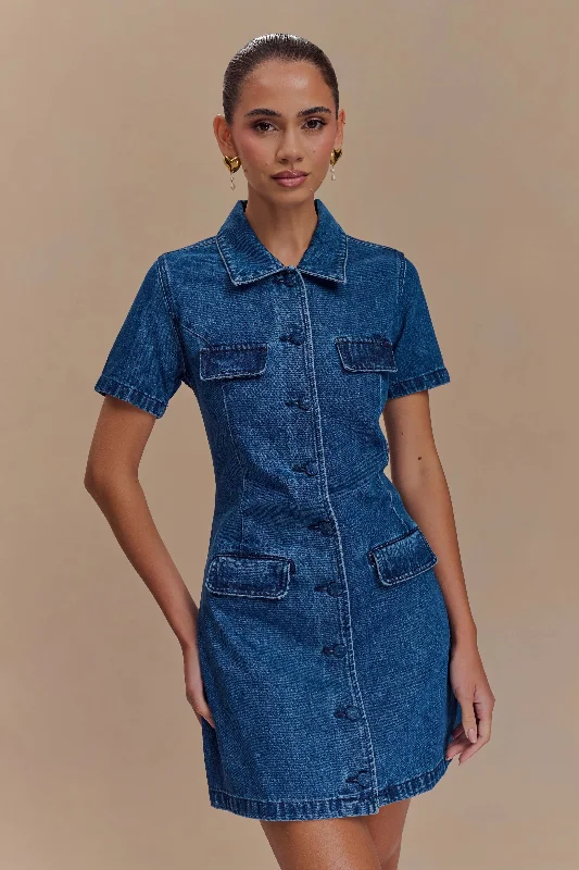 Mini dresses with criss - cross backs for a flirty look Leighton Denim Button Down Mini Dress - Dark Blue