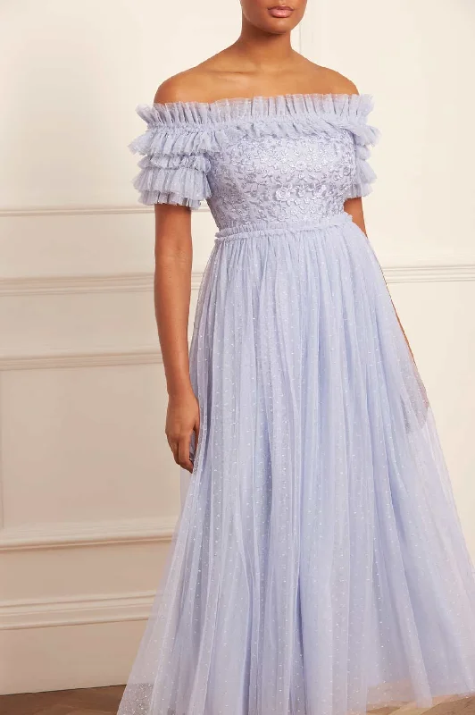 Midi dresses with geometric cutouts for a contemporary and edgy look Midsummer Lace Bodice Off-Shoulder Ankle Gown