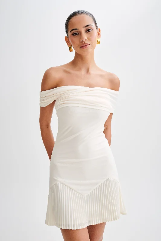Mini dresses with side slits for a sexy appeal Melina Slinky Off Shoulder Mini Dress - Ivory