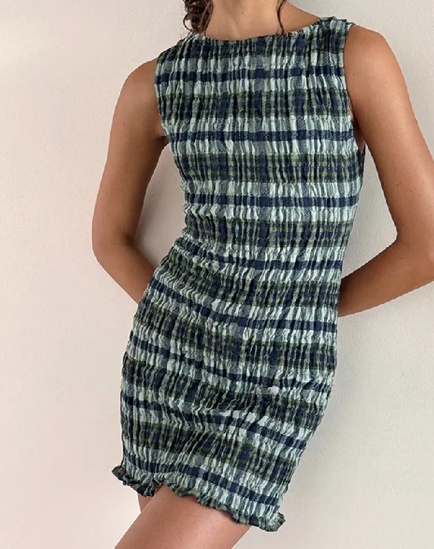 Cotton mini dresses for a comfortable everyday option Takayi Mini Dress in Linen Mono Check Green