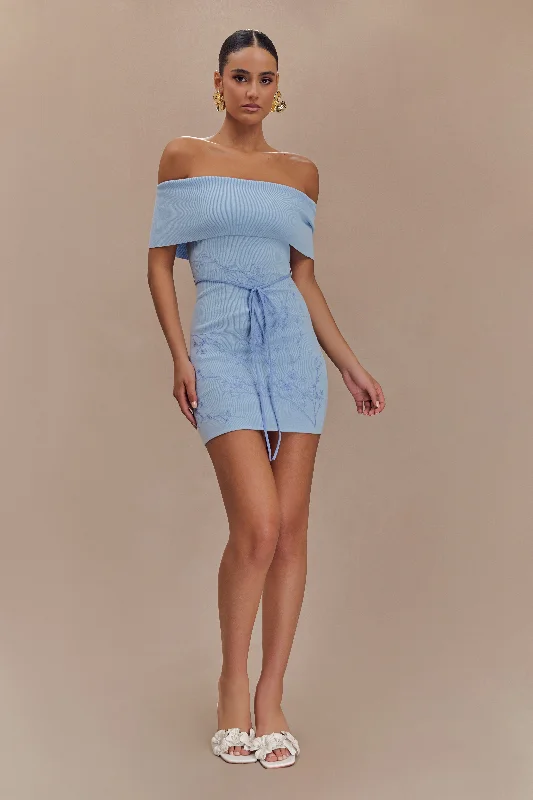 Mini dresses with cut - out details for a trendy look Mallory Off Shoulder Embroidered Knit Mini Dress - Ice Blue Mini dresses with cut - out details for a trendy look Mallory Off Shoulder Embroidered Knit Mini Dress - Ice Blue