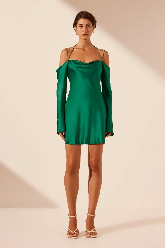 Mini dresses with geometric prints for a modern aesthetic ELLE SILK OFF THE SHOULDER TIE MINI DRESS - EMERALD GREEN