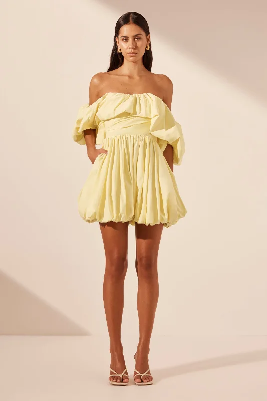 Polyester mini dresses for easy care MAIORI OFF SHOULDER DRAPED BUBBLE MINI DRESS - LEMON