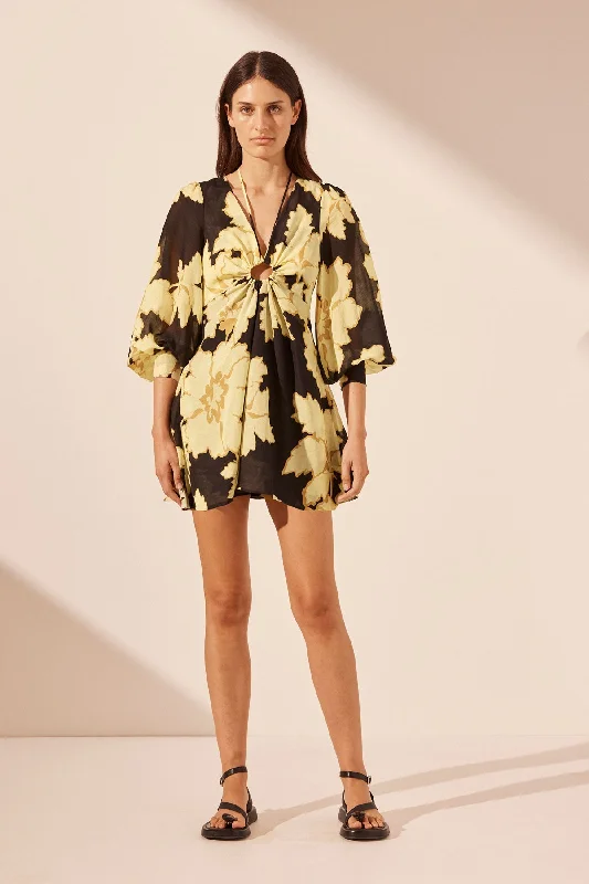 Mini dresses with beaded embellishments for a fancy event LUCIA LONG SLEEVE KEYHOLE RUCHED MINI DRESS