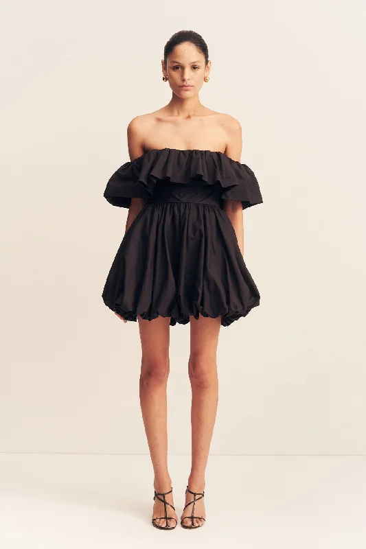 Mini dresses with criss - cross backs for a flirty look MAIORI OFF SHOULDER DRAPED BUBBLE MINI DRESS - BLACK Mini dresses with criss - cross backs for a flirty look MAIORI OFF SHOULDER DRAPED BUBBLE MINI DRESS - BLACK