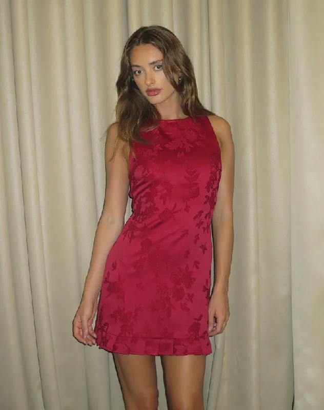 Mini dresses with criss - cross backs for a flirty look Benian Mini Dress in Satin Jacquard Red