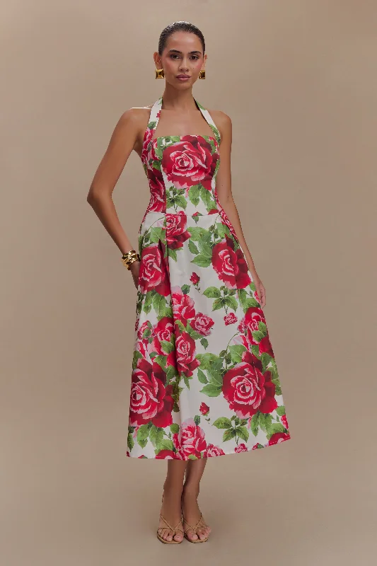 Midi dresses with ruffled bodices for a more pronounced feminine look Juana Halter Midi Dress - Sonia Rose Print