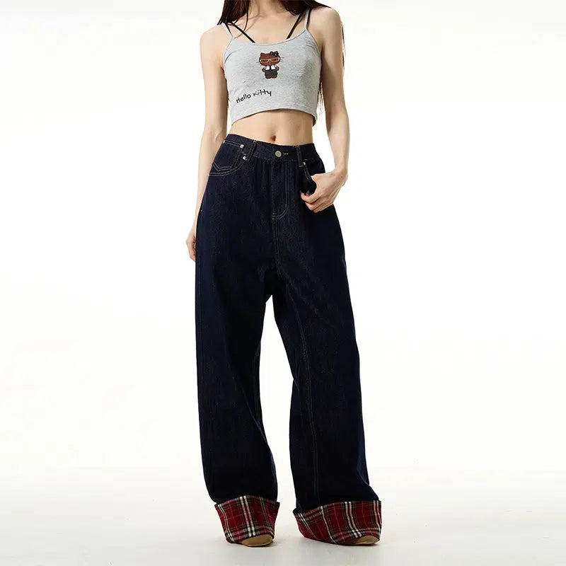 Straight - leg women jeans with a classic and timeless appealDark Blue Plaid Wide-leg Jeans