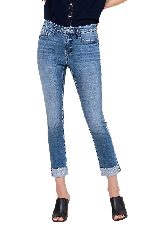 Ripped women jeans for a rebellious and fashion - forward styleMid Rise Cuffed Straight Jeans In Medium Wash