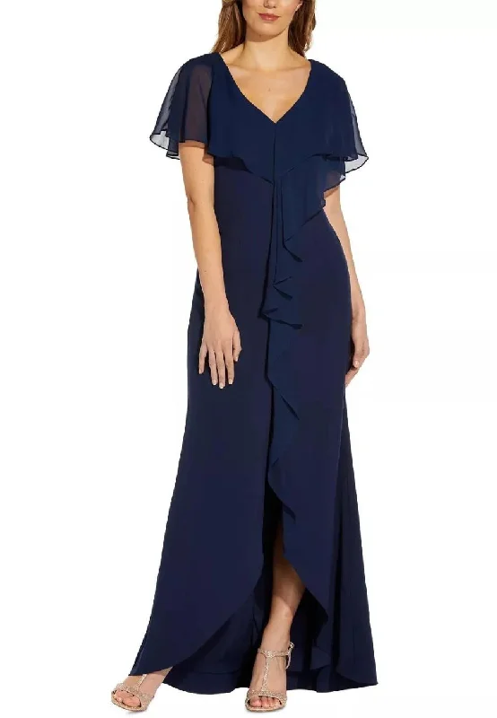 Lace - Embellished Women Dress for an Elegant and Sophisticated AppearanceNavy V-neck Chiffon Ruffled Gown Lace - Embellished Women Dress for an Elegant and Sophisticated AppearanceNavy V-neck Chiffon Ruffled Gown