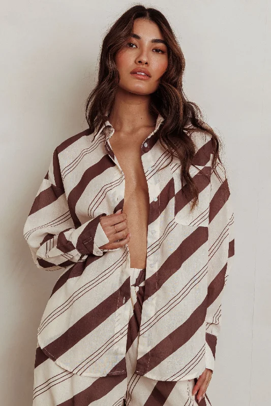 Empire Waist Women Dress to Accentuate the Bust and Conceal the WaistAlex Long Sleeve Striped Print Shirt Cream/Cacao Empire Waist Women Dress to Accentuate the Bust and Conceal the WaistAlex Long Sleeve Striped Print Shirt Cream/Cacao