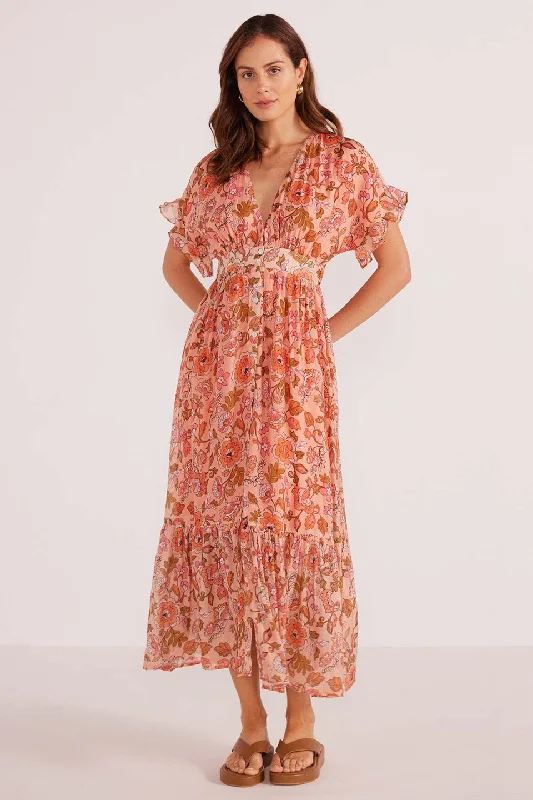 Ruffled Women Dress with Multiple Layers for a Playful and Girly StyleAmelia Peach Floral Button Down Midi Dress Ruffled Women Dress with Multiple Layers for a Playful and Girly StyleAmelia Peach Floral Button Down Midi Dress