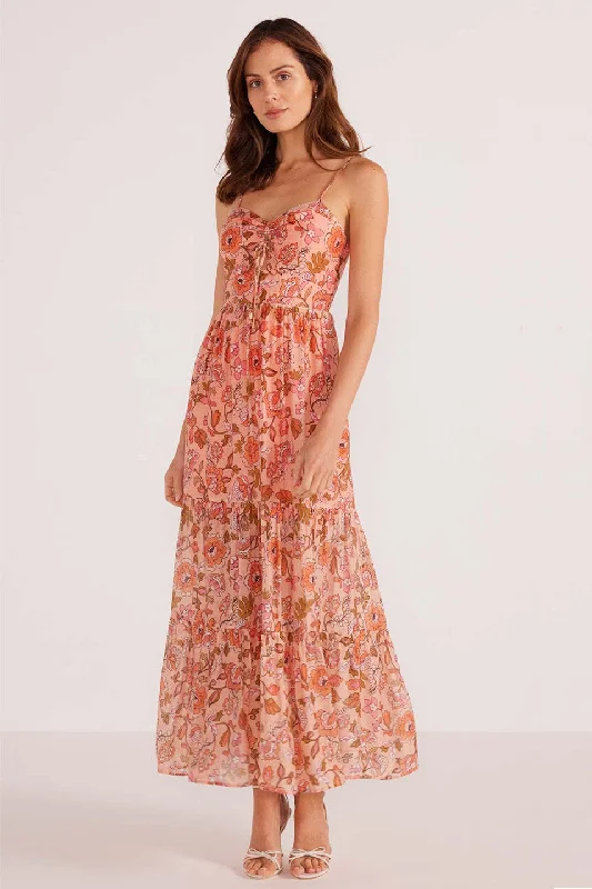Wrap - Style Women Dress with Adjustable Fit for All Body TypesAmelia Peach Floral Tiered Strappy Midi Dress Wrap - Style Women Dress with Adjustable Fit for All Body TypesAmelia Peach Floral Tiered Strappy Midi Dress