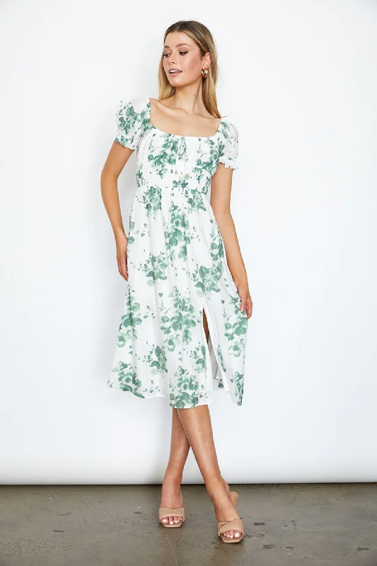 Sheath Women Dress with a Tailored Fit for a Professional LookAmilie Shirred Waist Midi Dress Floral Print White/Olive Sheath Women Dress with a Tailored Fit for a Professional LookAmilie Shirred Waist Midi Dress Floral Print White/Olive