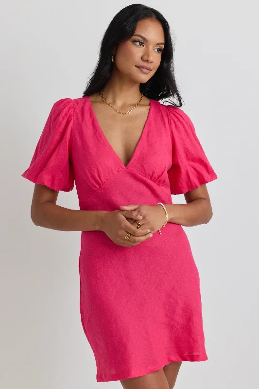 Plus Size Women Dress with a Flattering A - Line Cut for Comfort and StyleAmour Hot Pink Linen Bubble Sleeve Mini Dress Plus Size Women Dress with a Flattering A - Line Cut for Comfort and StyleAmour Hot Pink Linen Bubble Sleeve Mini Dress