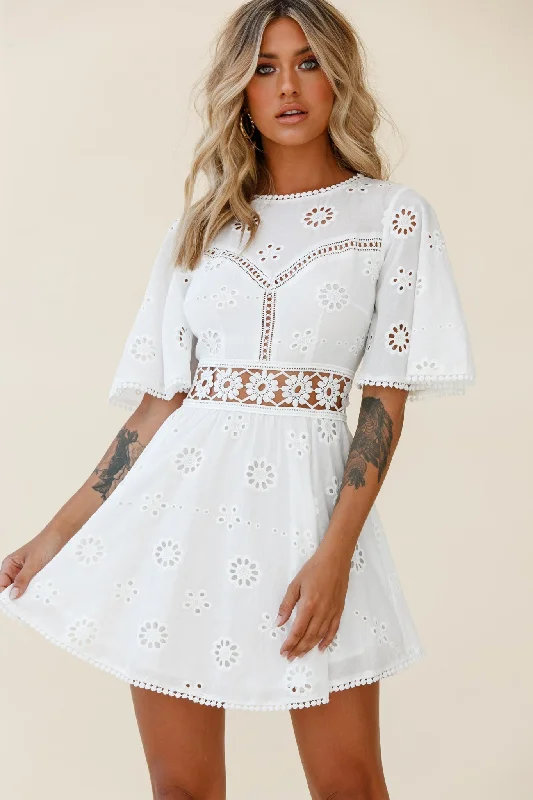 Mini Women Dress with a Short Hem for a Young and Trendy StyleAnais Fluted Sleeve Exposed Back Broderie Anglaise Dress White Mini Women Dress with a Short Hem for a Young and Trendy StyleAnais Fluted Sleeve Exposed Back Broderie Anglaise Dress White