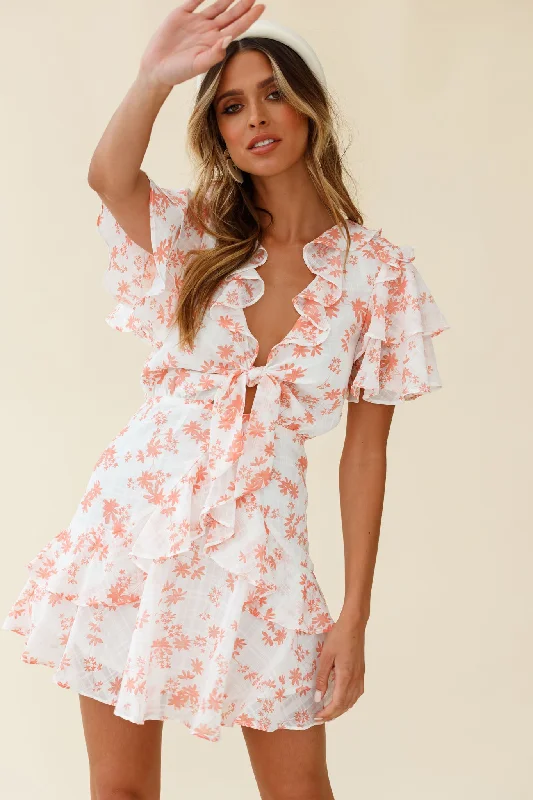 Aubrey Tied Bust Ruffle Trim Dress Floral Print Pink