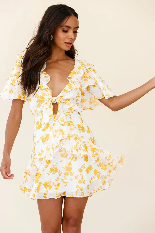 Lace - Embellished Women Dress for an Elegant and Sophisticated AppearanceAubrey Tied Bust Ruffle Trim Dress Floral Print Yellow Lace - Embellished Women Dress for an Elegant and Sophisticated AppearanceAubrey Tied Bust Ruffle Trim Dress Floral Print Yellow