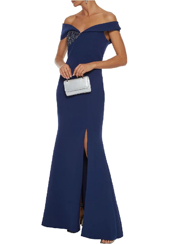 Maxi Women Dress with Floral Print for a Bohemian VibeNavy Off Shoulder Embellished Stretch Crepe Gown Maxi Women Dress with Floral Print for a Bohemian VibeNavy Off Shoulder Embellished Stretch Crepe Gown