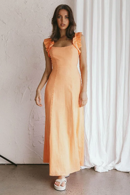 Sleeveless Women Dress in Bright Colors for Summer PartiesBronte Ruffle Strap Midi Dress Papaya Sleeveless Women Dress in Bright Colors for Summer PartiesBronte Ruffle Strap Midi Dress Papaya