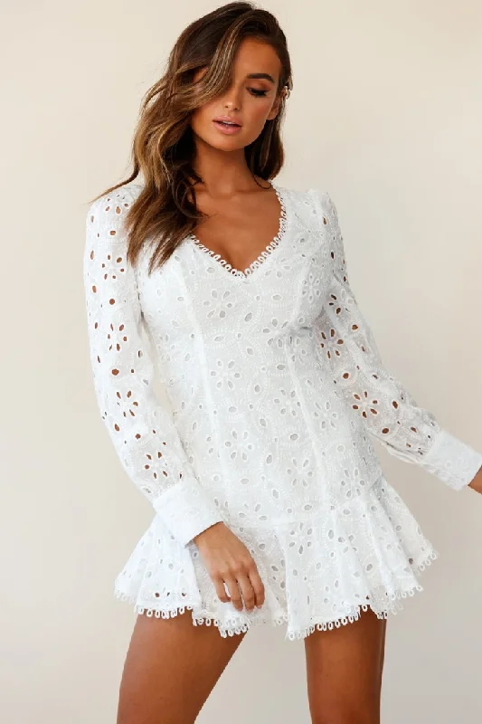 Long - Sleeve Women Dress in Velvet for a Luxurious Winter LookCamellia Open Back Cuff Sleeve Dress Anglaise White Long - Sleeve Women Dress in Velvet for a Luxurious Winter LookCamellia Open Back Cuff Sleeve Dress Anglaise White