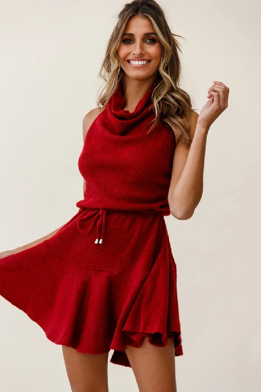 Plus Size Women Dress with a Flattering A - Line Cut for Comfort and StyleCosette Cowl Halterneck Knit Dress Wine Plus Size Women Dress with a Flattering A - Line Cut for Comfort and StyleCosette Cowl Halterneck Knit Dress Wine