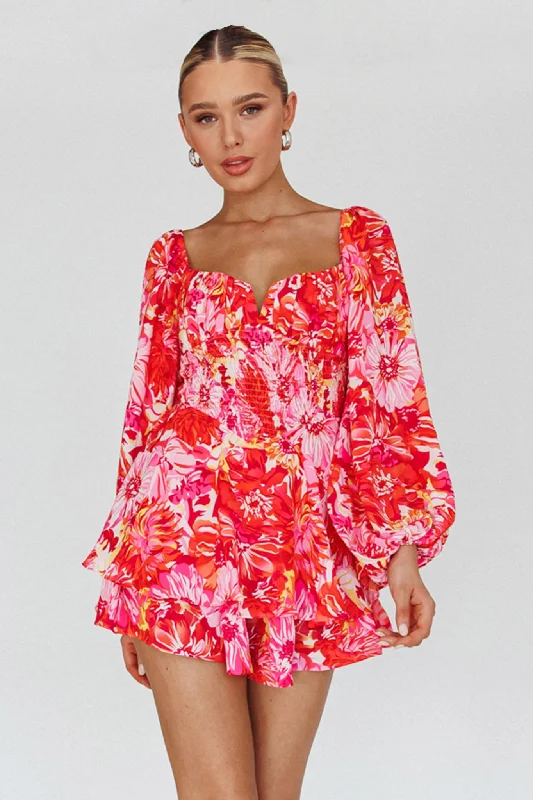 Mermaid - Style Women Dress with a Fitted Silhouette for Special OccasionsEvanice Shirred Waist Romper Floral Red Mermaid - Style Women Dress with a Fitted Silhouette for Special OccasionsEvanice Shirred Waist Romper Floral Red
