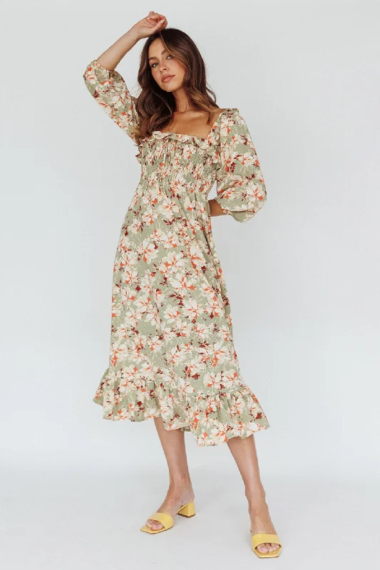 Shift Women Dress with a Simple and Classic Design for Everyday WearFlynn Balloon Sleeve Shirred Midi Dress Floral Green Shift Women Dress with a Simple and Classic Design for Everyday WearFlynn Balloon Sleeve Shirred Midi Dress Floral Green