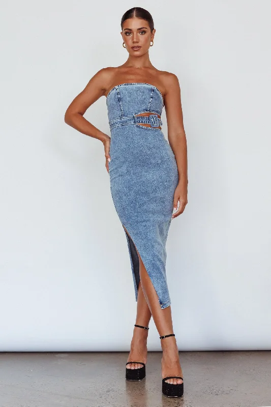 Mini Women Dress with a Short Hem for a Young and Trendy StyleGlisten Cut-Out Buckle Waist Midi Dress Denim Blue Mini Women Dress with a Short Hem for a Young and Trendy StyleGlisten Cut-Out Buckle Waist Midi Dress Denim Blue