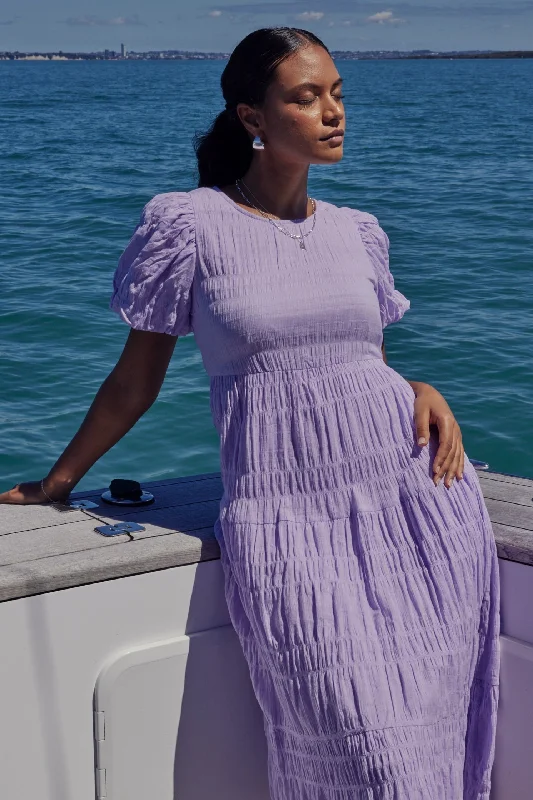 Graceful Lilac Shirred Cotton Bubble Sleeve Tiered Maxi Dress