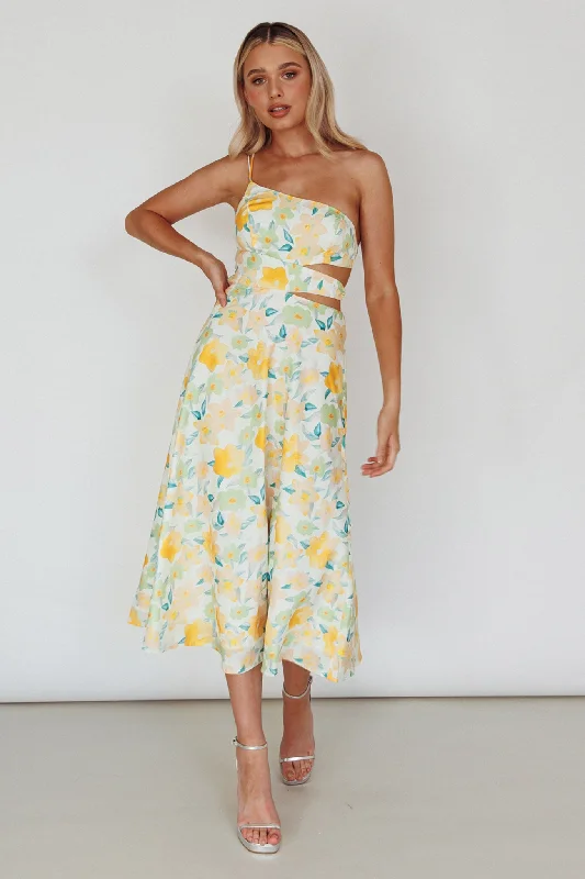 Halter Neck Women Dress to Show Off the Shoulders and NecklineHalia One-Shoulder A-Line Midi Dress Floral Yellow Halter Neck Women Dress to Show Off the Shoulders and NecklineHalia One-Shoulder A-Line Midi Dress Floral Yellow