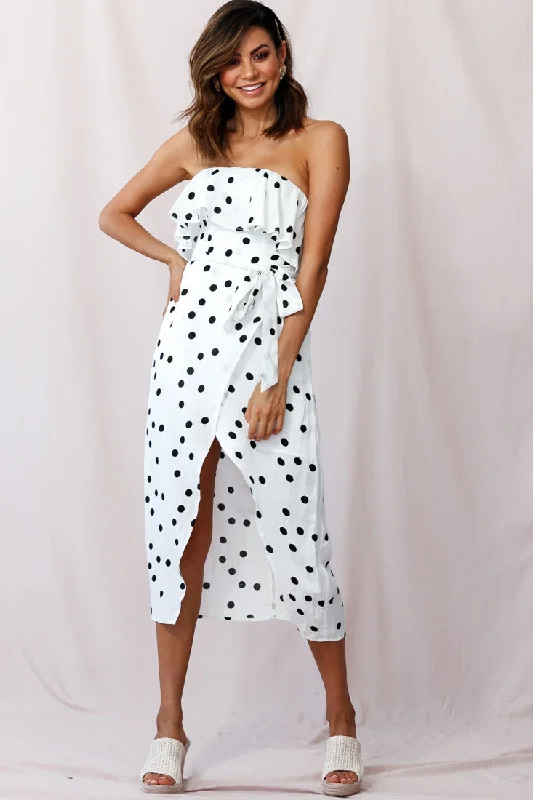 Lace - Embellished Women Dress for an Elegant and Sophisticated AppearanceHamilton Bandeau Midi Wrap Dress Polka Dot Print White Lace - Embellished Women Dress for an Elegant and Sophisticated AppearanceHamilton Bandeau Midi Wrap Dress Polka Dot Print White