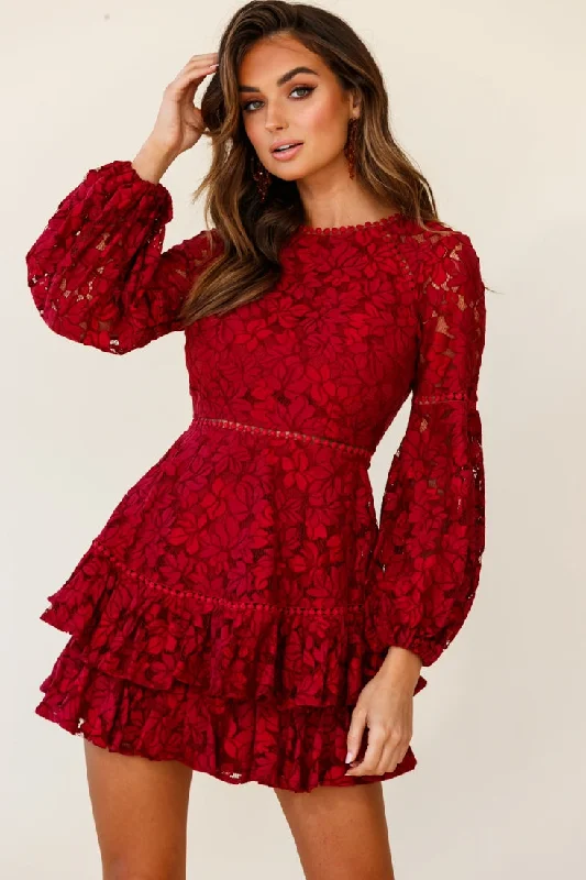 Printed Abstract Women Dress for a Modern and Artistic AppealHenrietta Lace Overlay Long Sleeve Ruffle Dress Wine Printed Abstract Women Dress for a Modern and Artistic AppealHenrietta Lace Overlay Long Sleeve Ruffle Dress Wine