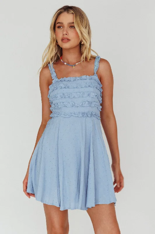 Long - Sleeve Women Dress in Velvet for a Luxurious Winter LookIllia Frill Trim Textured Dress Blue Long - Sleeve Women Dress in Velvet for a Luxurious Winter LookIllia Frill Trim Textured Dress Blue