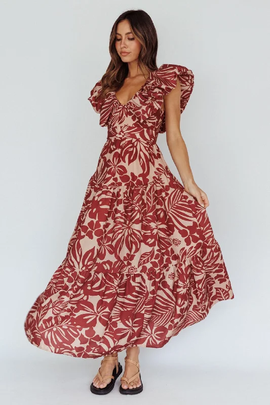 Sleeveless Women Dress in Bright Colors for Summer PartiesKahlo Puffed Ruffle Neckline Maxi Dress Print Flame Sleeveless Women Dress in Bright Colors for Summer PartiesKahlo Puffed Ruffle Neckline Maxi Dress Print Flame