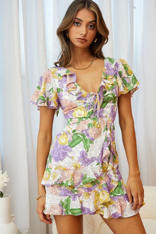 Off - the - Shoulder Women Dress for a Romantic and Feminine LookKalina Ruffle Neckline Flutter Sleeve Mini Dress Floral Print Purple Off - the - Shoulder Women Dress for a Romantic and Feminine LookKalina Ruffle Neckline Flutter Sleeve Mini Dress Floral Print Purple