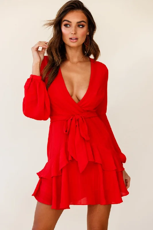 Halter Neck Women Dress to Show Off the Shoulders and NecklineKerry Layered Balloon Sleeve Dress Red Halter Neck Women Dress to Show Off the Shoulders and NecklineKerry Layered Balloon Sleeve Dress Red