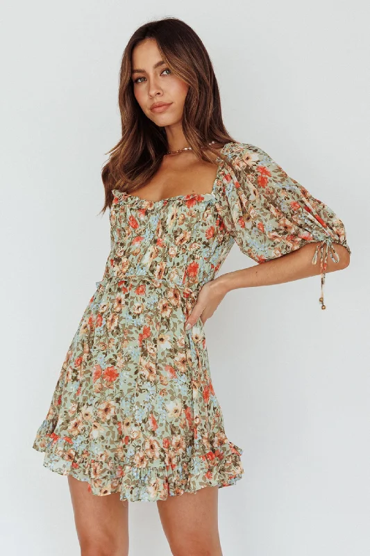 Halter Neck Women Dress to Show Off the Shoulders and NecklineKirra Puff Sleeve Ruched Bodice Dress Floral Green Halter Neck Women Dress to Show Off the Shoulders and NecklineKirra Puff Sleeve Ruched Bodice Dress Floral Green