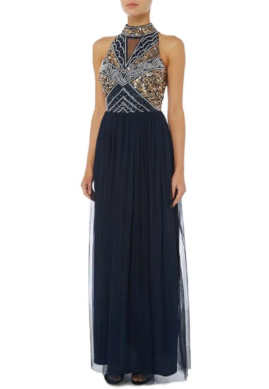 Lace - Embellished Women Dress for an Elegant and Sophisticated AppearanceNavy And Gold Sequins Halter Neck Gown Lace - Embellished Women Dress for an Elegant and Sophisticated AppearanceNavy And Gold Sequins Halter Neck Gown