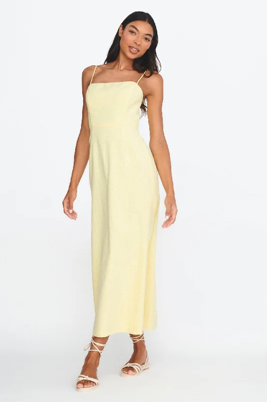 Pleated Women Dress with a Timeless and Elegant TextureLight Hearted Square Neckline Maxi Dress Lemon Pleated Women Dress with a Timeless and Elegant TextureLight Hearted Square Neckline Maxi Dress Lemon