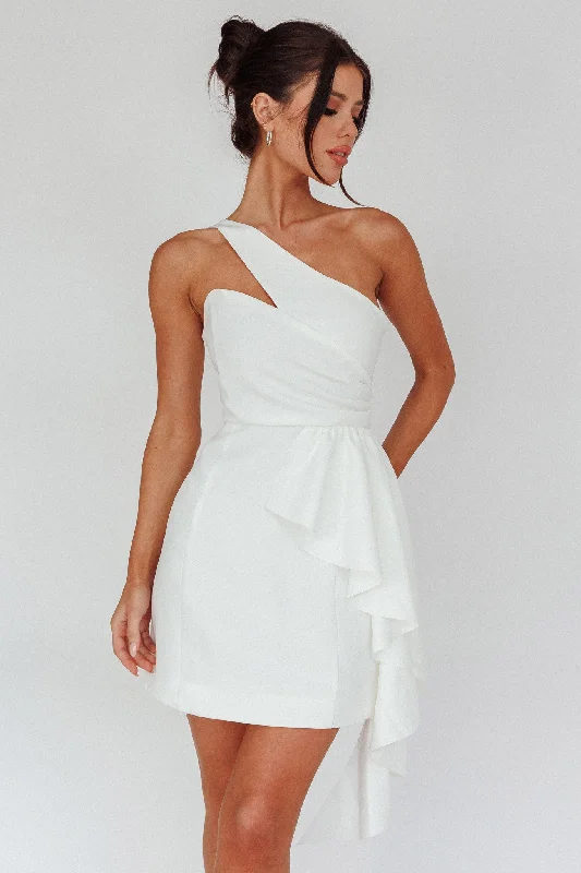 Long - Sleeve Women Dress in Velvet for a Luxurious Winter LookLilleth One Shoulder Frill Feature Mini Dress White Long - Sleeve Women Dress in Velvet for a Luxurious Winter LookLilleth One Shoulder Frill Feature Mini Dress White