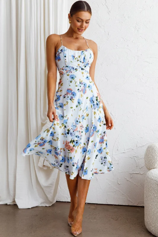 Strapless Women Dress with a Built - in Bra for Comfort and SupportLinka Cami Strap Split Midi Dress Floral Blue Strapless Women Dress with a Built - in Bra for Comfort and SupportLinka Cami Strap Split Midi Dress Floral Blue